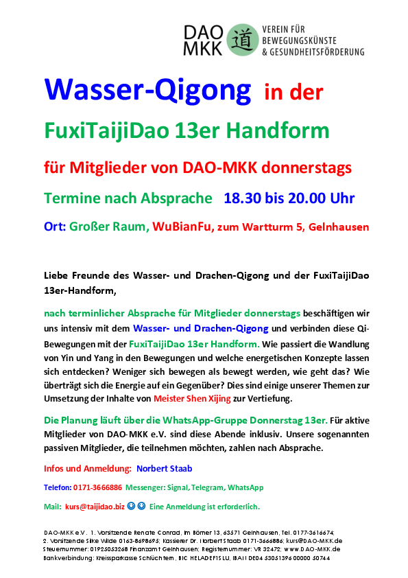 Wasser-Qigong in der FuxiTaijiDao 13er Handform für fortgeschrittene Vereinsmitglieder