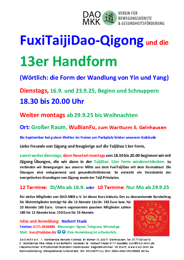 Kurs Qi-Bewegung in der Taiji Dao 13er Form