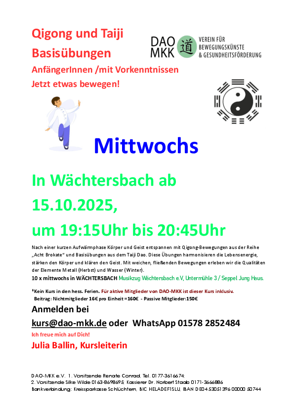 Kurs Qigong und Taiji Basisübungen mit Julia in Wächtersbach