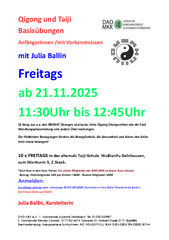Kurs Qigong und Taiji Basisübungen ab 21.11.2025 mit Julia in Gelnhausen