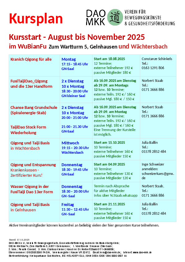 Kursplan Kursstart August - November 2025 