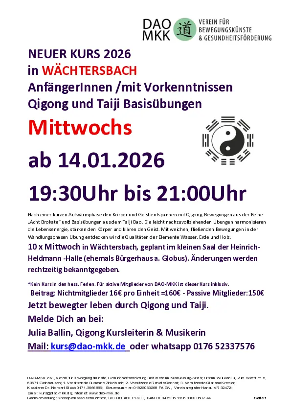 Kurs Qigong und Taiji Basisübungen mt Julia in Wächtersbach