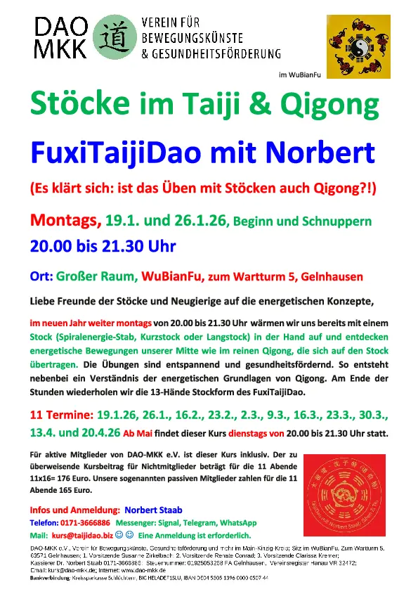 Kurs Stöcke im Taiji & Qigong
mit Norbert