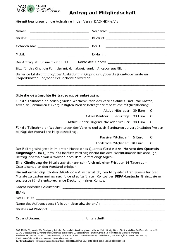 Antrag auf Mitgliedschaft im Verein