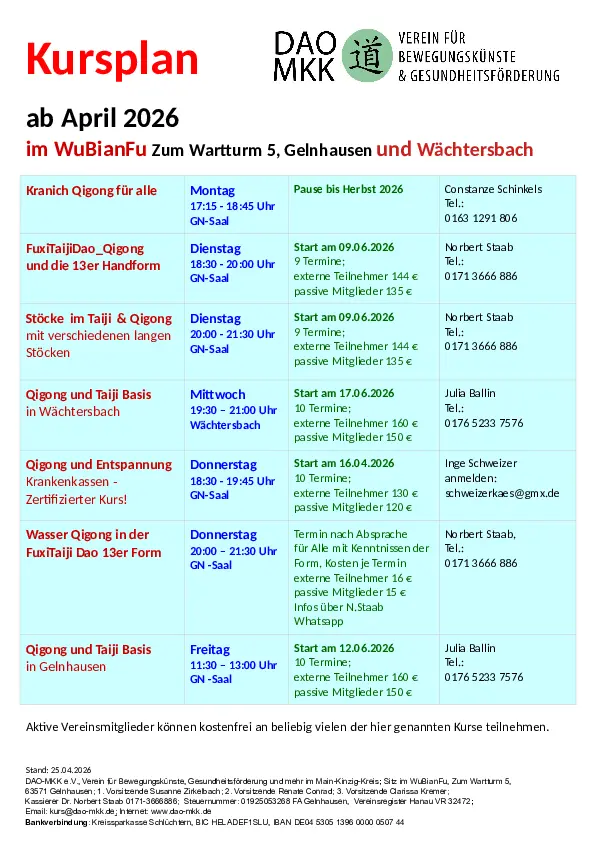 Kursplan ab April 2026 vom 25.4.2026