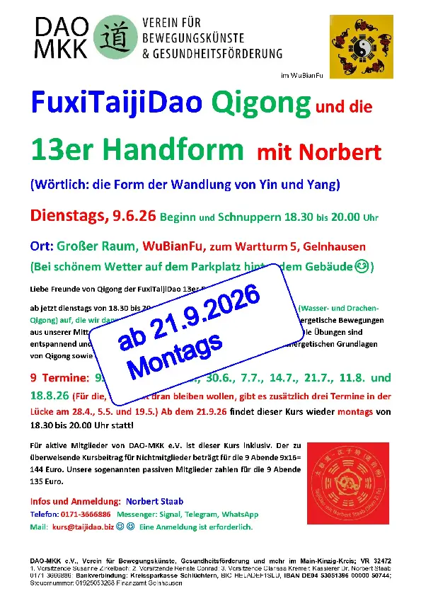 FuxiTaijiDao Qigong und die 13er Handform mit Norbert ab 21.9.2026 18:30 Vorabversion