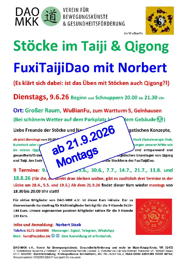 Stöcke im Taiji & Qigong mit Norbert ab 21.9.2026 20 Uhr, Vorabversion