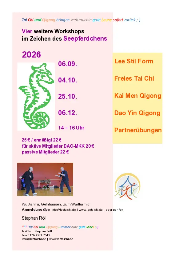 Workshops im Zeichen des Seepferdchens 6.9.26, 4.10.26, 25.10.26, 6.12.26 mit Stephan Röll