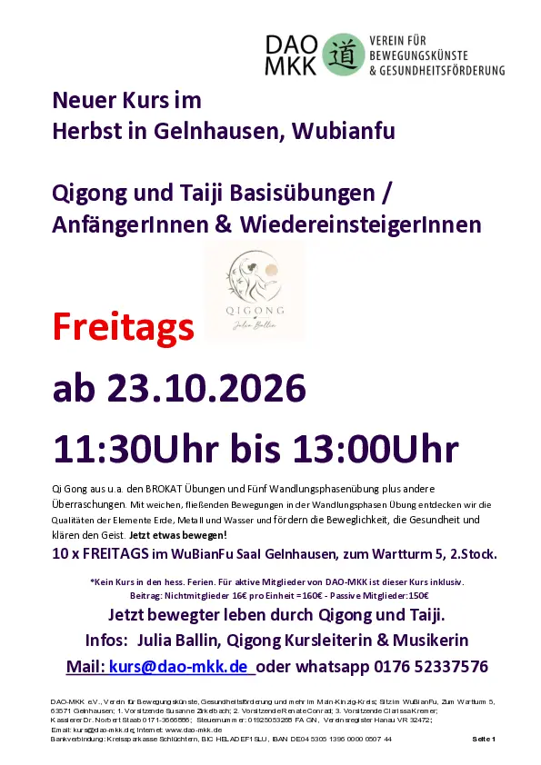 Qigong und Taiji Basisübungen mit Julia in Gelnhausen, ab 23.10.2026