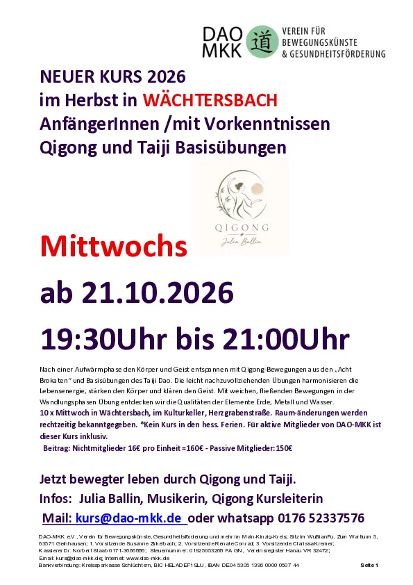 Qigong und Taiji Basisübungen mit Julia in Wächtersbach, ab 21.10.2026