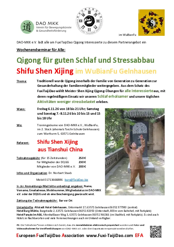 Qigong für guten Schlaf und Stressabbau Freitag bis Sonntag 6.11.2026 bis 8.11.2026